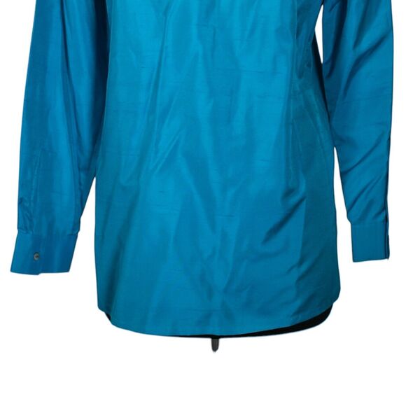 Chico's Women's Shirt Teal Blue Button Up Silk Stretch Mandarin Collar Top 1 M/8 - Picture 8 of 9